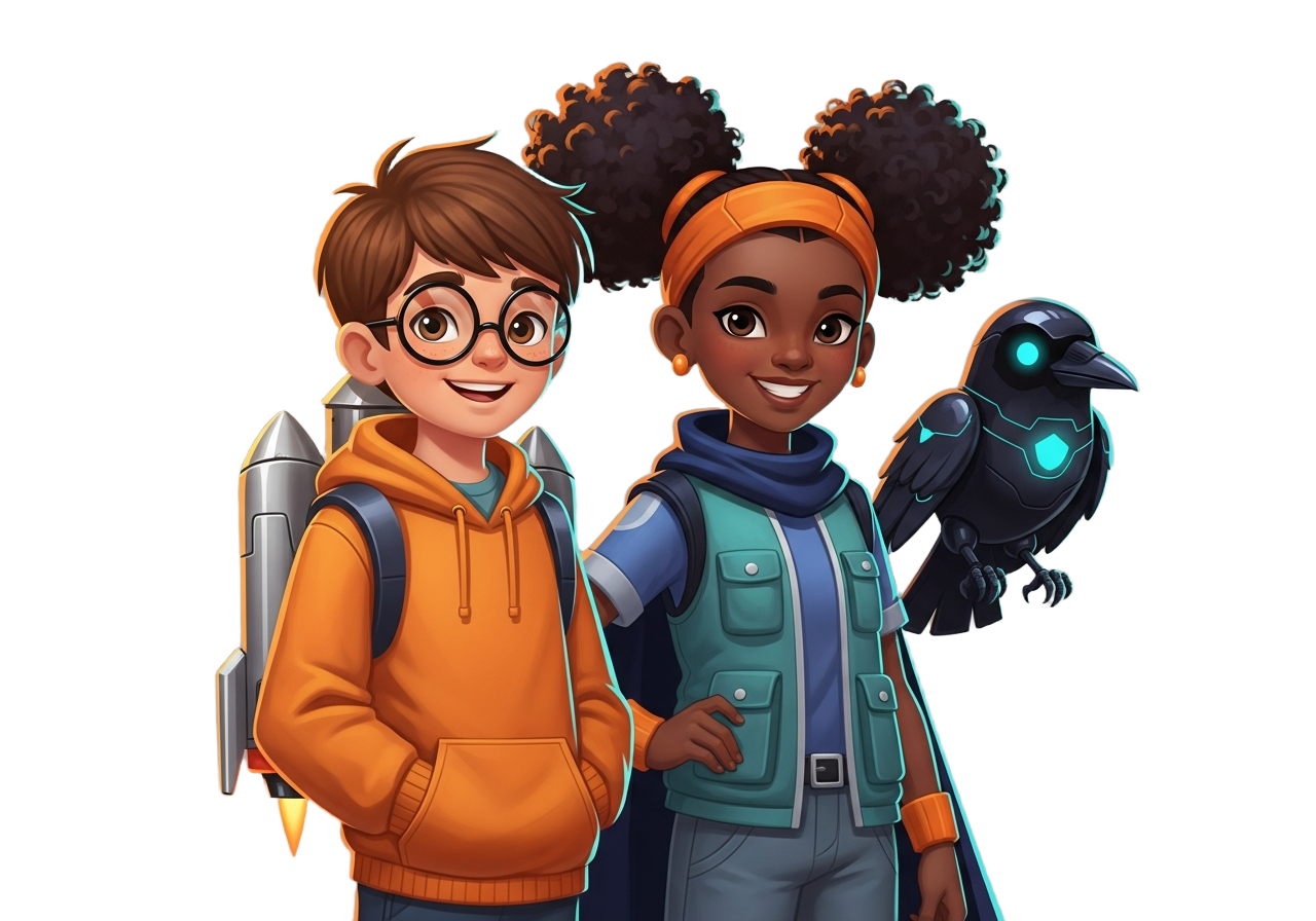Rocket, Raven, and Nova the drone-bird, ready for a STEM mission